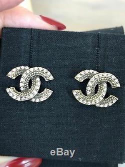 Authentic Chanel Antique Finish CC Logo Crystal Gold Tone Earrings Studs