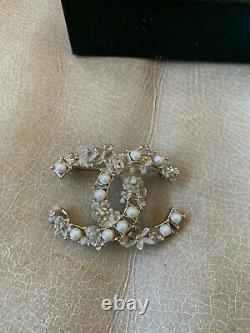 Authentic Chanel Brooch CC logo Pearls Camellia Beautiful