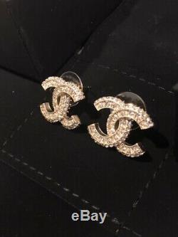 Authentic Chanel CC Logo Crystal Gold Tone Brass Earrings Studs