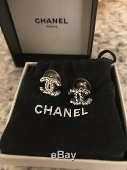 Authentic Chanel CC logo crystal stud earrings