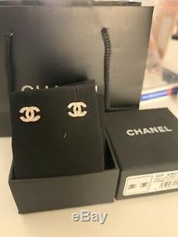 Authentic Chanel Classic CC Logo Crystal Gold Tone Earrings Studs