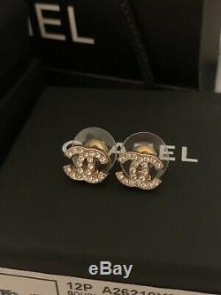Authentic Chanel Classic CC Logo Crystal Gold Tone Earrings Studs