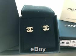 Authentic Chanel Classic CC Logo Crystal Gold Tone Earrings Studs Small