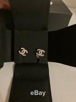 Authentic Chanel Classic CC Logo Crystal Gold Tone Studs Earrings