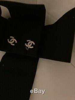 Authentic Chanel Classic CC Logo Crystal Gold Tone Studs Earrings
