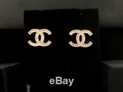 Authentic Chanel Gold Tone CC Logo Crystal Studs Earrings