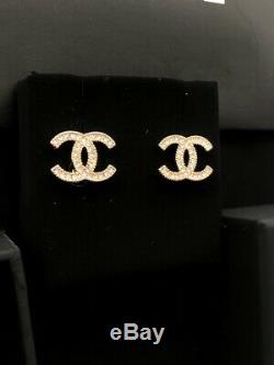 Authentic Chanel Gold Tone CC Logo Crystal Studs Earrings