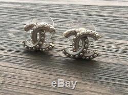 Authentic Chanel Gold Tone CC Logo Crystal Studs Earrings Small