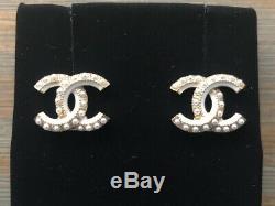 Authentic Chanel Gold Tone CC Logo Crystal Studs Earrings Small