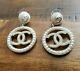 Authentic Chanel Earrings Cc Logo Rare Stud Large Dangle Coin Pearl Earrings