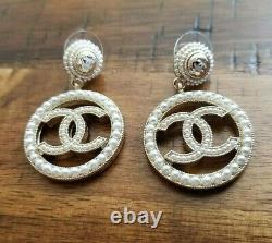Authentic Chanel earrings CC logo RARE Stud Large Dangle Coin Pearl Earrings
