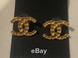 Authentic LARGE Chanel CC Logo Crystal Earrings Gold Tone