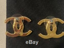Authentic LARGE Chanel CC Logo Crystal Earrings Gold Tone