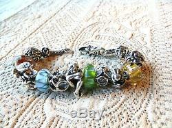Authentic Trollbeads Sterling Bead Bracelet 14 Beads. Some Retired. Flower Lock