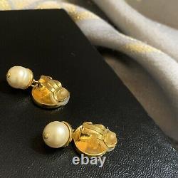 Authentic Vintage Chanel Logo, Pearl, Dangle Clip On Earrings Gold Plated