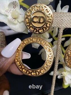 Authentic Vintage Christian Dior Gold clip on earrings CD logo hoop large