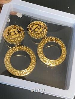Authentic Vintage Christian Dior Gold clip on earrings CD logo hoop large
