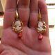 Beautiful Antique Style Shell Cameo Earrings Italy Flower Red Coral Gem