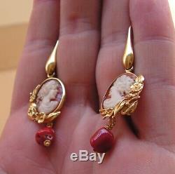 BEAUTIFUL ANTIQUE STYLE SHELL CAMEO EARRINGS ITALY FLOWER Red Coral Gem