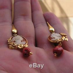 BEAUTIFUL ANTIQUE STYLE SHELL CAMEO EARRINGS ITALY FLOWER Red Coral Gem