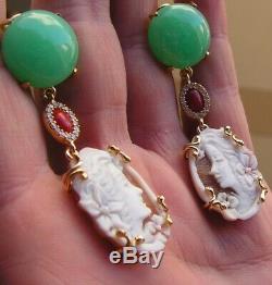 BEAUTIFUL ANTIQUE STYLE SHELL CAMEO EARRINGS ITALY chrysoprasus Red Coral Gem