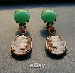 BEAUTIFUL ANTIQUE STYLE SHELL CAMEO EARRINGS ITALY chrysoprasus Red Coral Gem