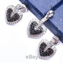 BEAUTIFUL BLACK & WHITE CZ HEART. 925 Sterling Silver Pendant & Earring Set. 75