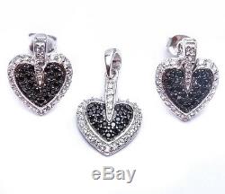 BEAUTIFUL BLACK & WHITE CZ HEART. 925 Sterling Silver Pendant & Earring Set. 75