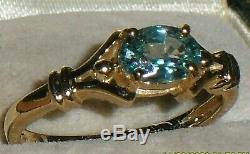 BEAUTIFUL! FINE ART DECO STYLE 1.00ct BLUE ZIRCON SOLITAIRE 9ct YELLOW GOLD RING