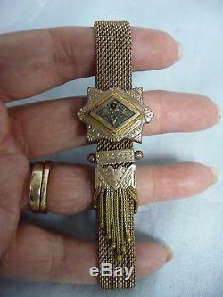 BEAUTIFUL VICTORIAN STYLE GOLD FILLED SLIDE MESH BRACELET withGARNET ACCENT