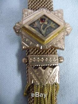 BEAUTIFUL VICTORIAN STYLE GOLD FILLED SLIDE MESH BRACELET withGARNET ACCENT