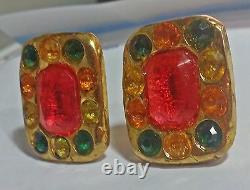 BEAUTIFUL VINTAGE FRENCH 80's NON PIERCED CLIP ON KALINGER MULTI COLOR EARRINGS