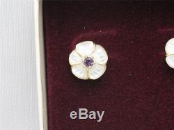 BEAUTIFUL ZALES FLOWER EARRINGS With 14K GOLD, MOTHER OF PEARL & AMETHYST STONE