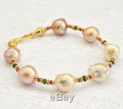 Beautiful 12mm Japanese Kasumi pearl bracelet with emerald and ruby stones 9ct