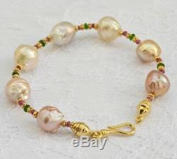 Beautiful 12mm Japanese Kasumi pearl bracelet with emerald and ruby stones 9ct