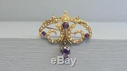 Beautiful 14K Gold Amethyst Seed Pearl Victorian Style Pin