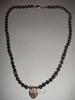Beautiful 14k Hematite Necklace With 14k Gold Heart Shape Drop With Garnet