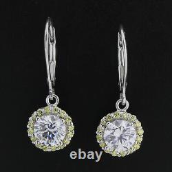 Beautiful 2.00ct Round Cut Canary & White Halo Drop Earrings