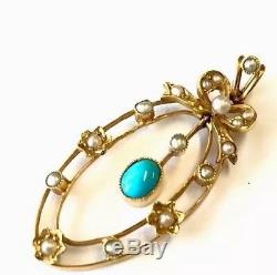 Beautiful Antique 15ct Gold Turquoise & Pearl Lavaliere Drop Style Pendant