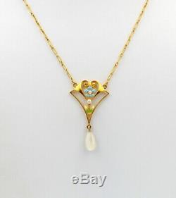 Beautiful Art Nouveau Style 14k Solid Gold Pearl & Enamel Necklace 14 #778b-3