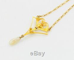 Beautiful Art Nouveau Style 14k Solid Gold Pearl & Enamel Necklace 14 #778b-3