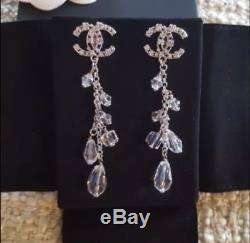 Beautiful Authentic CHANEL Classic Silver Crystal CC Earrings