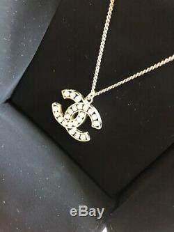 Beautiful CHANEL Authentic Classic CC SilverTone Crystal Pearl Chain Necklace