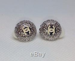 Beautiful CHANEL CC White Enamel Logo Gold Crystal Round Clip-On Earrings