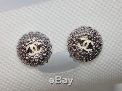 Beautiful CHANEL CC White Enamel Logo Gold Crystal Round Clip-On Earrings