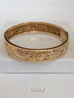 Beautiful Engraved Dragon & Phoenix 14K Yellow Gold Bangle Bracelet