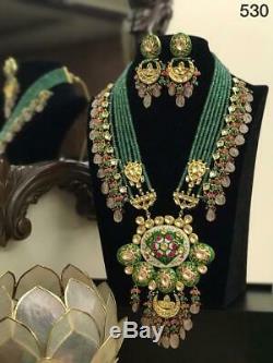 Beautiful Handmade Meenakari Kundan green pearls gold Plated Long Jewelry Set