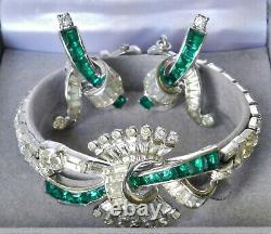 Beautiful MAZER BROS Bracelet & Earrings Set Emerald Rhinestone