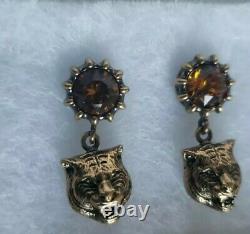 Beautiful NEW Authentic Gucci Earrings Cat Tiger Metal Crystal topaz color
