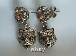 Beautiful NEW Authentic Gucci Earrings Cat Tiger Metal Crystal topaz color